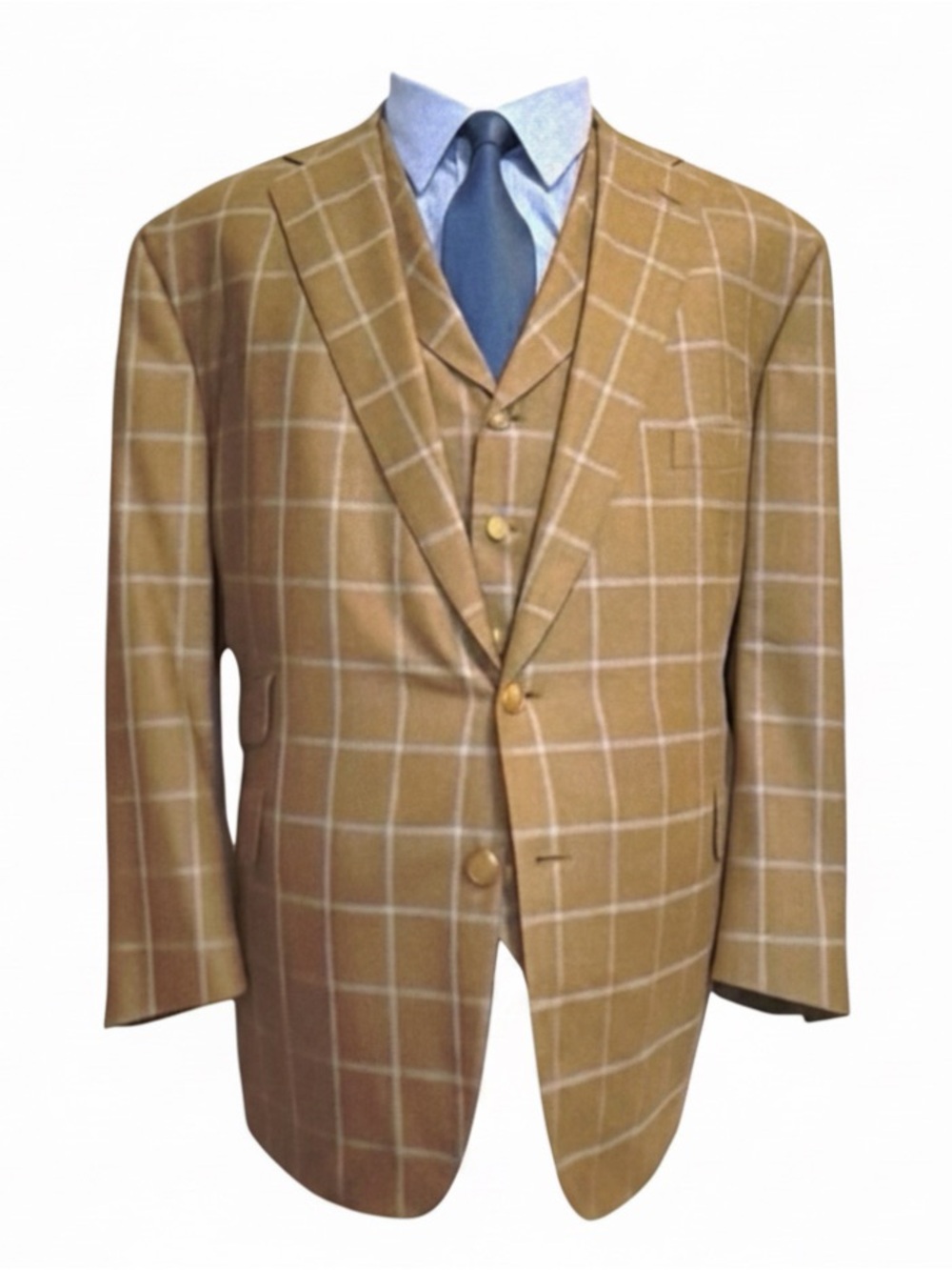 Tom James Custom 3-Piece Suit | Windowpane | Gold Buttons | Classic Tailored